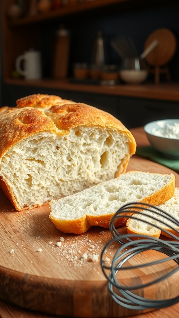 A golden crusted gluten-free bread loaf sliced on a wooden board with flour and whisk in the background.
